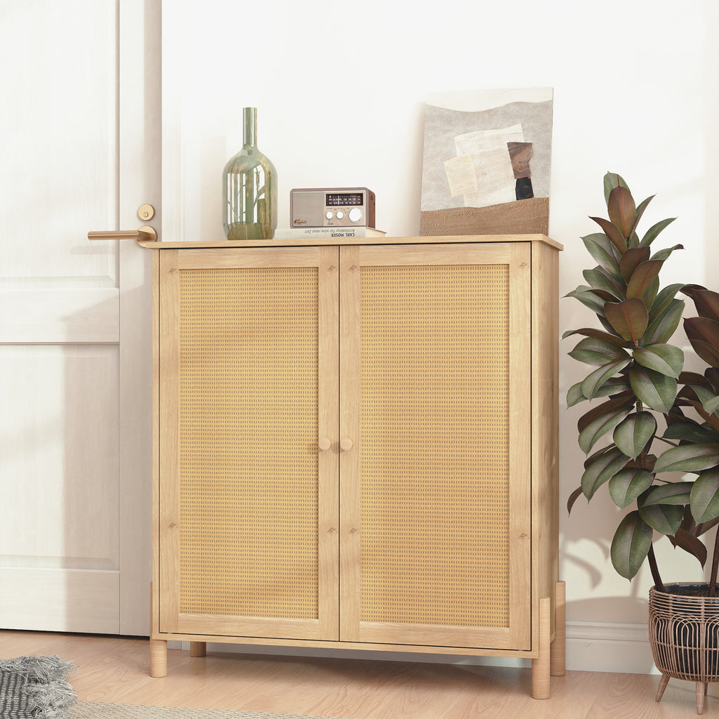 GDFStudio Elise Mid Century Modern Storage Cabinet with Woven Rattan Doors and Adjustable Shelves, Natural