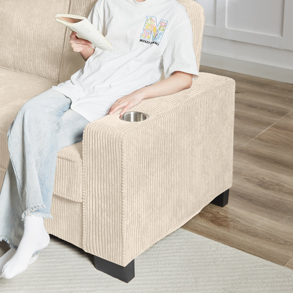 GDFStudio Everly 84" Corduroy Couch with Built-In Cup Holders, Beige