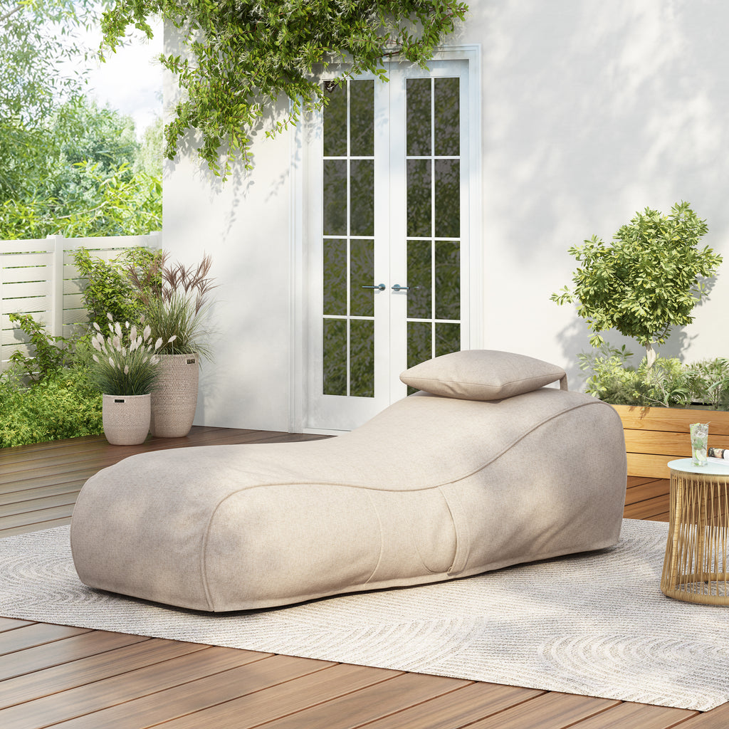 Outdoor Bean Bag Lounge Chair with Headrest, Ergonomic Shredded Foam Patio Lounger, Weather-Resistant Beige Bean Bag Sofa