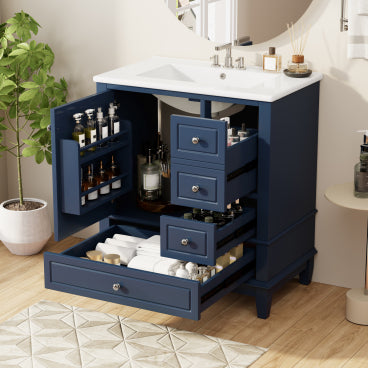 Christopher Knight Home Thomas Modern Wooden Bathroom Vanity with Ceramic Sink, Door and 3 Drawers, Blue-Left Door