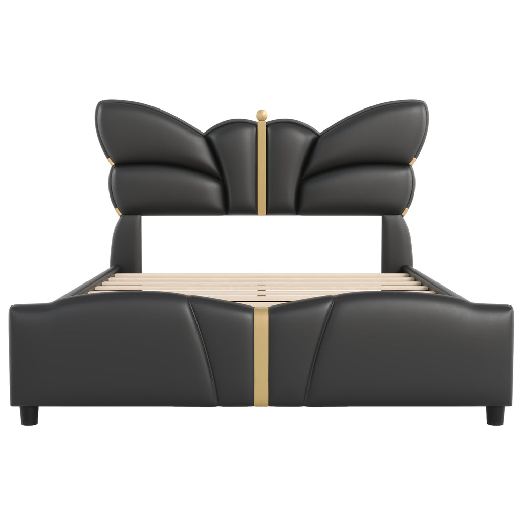 Christopher Knight Home Butterfly-Headboard PU Leather Platform Bed with Wood Slats & Metal Accents