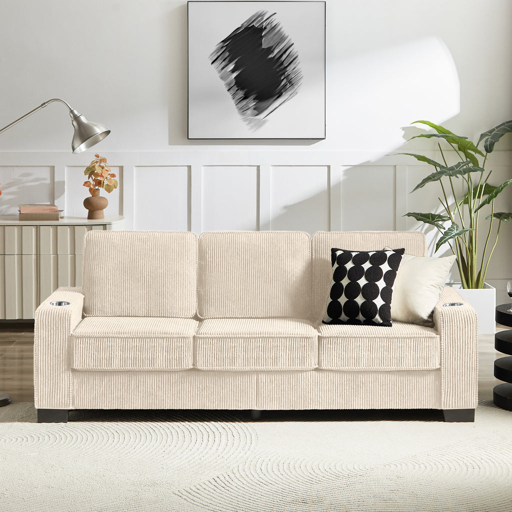 GDFStudio Everly 84" Corduroy Couch with Built-In Cup Holders, Beige