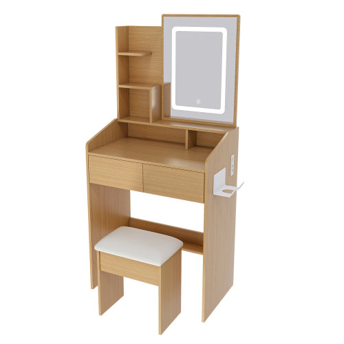 GDFStudio Saria Modern Vanity Table with LED-Illuminated Mirror, Storage Space and Stool, Wood