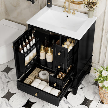 GDFStudio Amelia Modern 24" Wood Bathroom Vanity with Ceramic Sink, 3 Drawers and Storage Cabinet with Door Racks and Shelves, Black