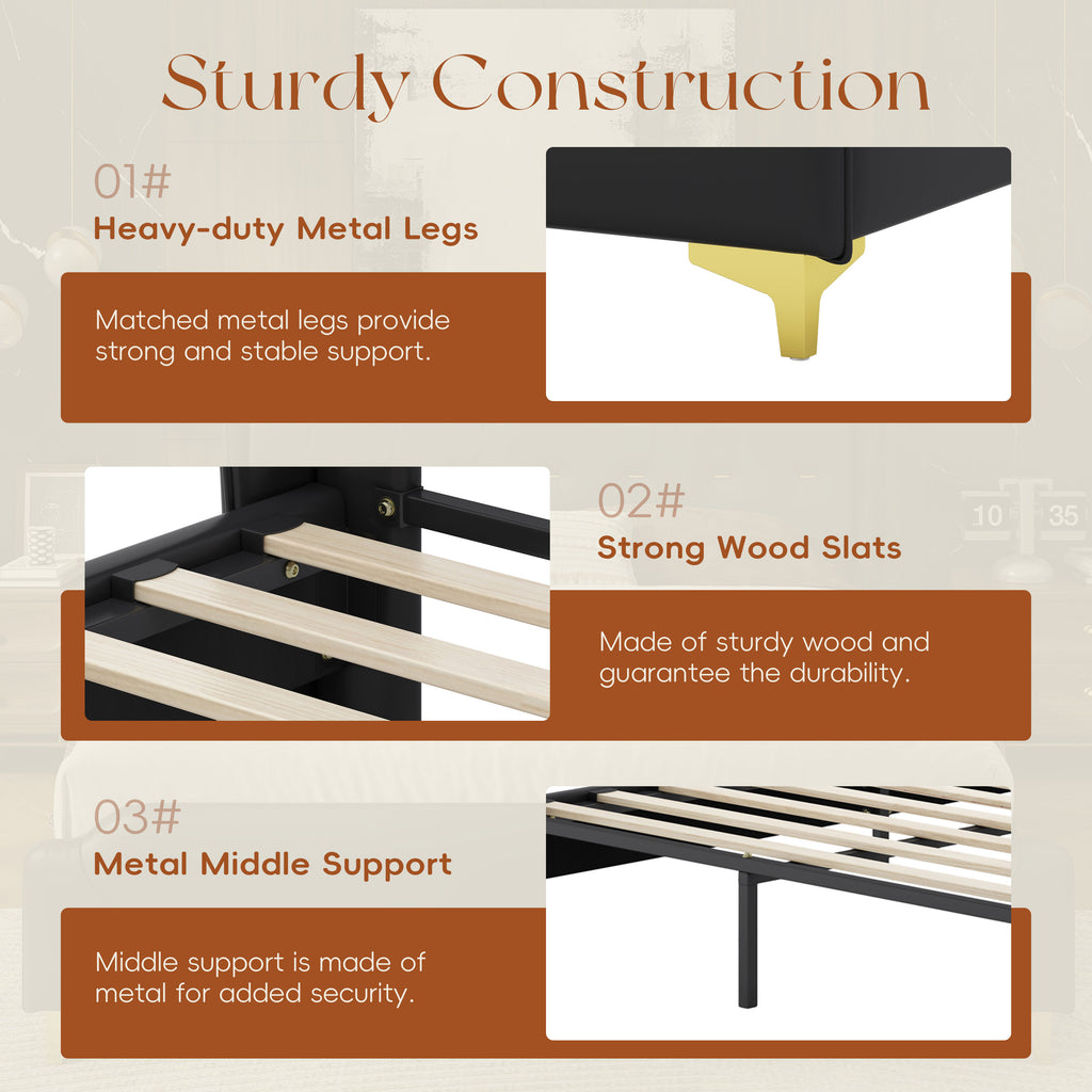 Christopher Knight Home Modern Faux Leather Platform Bed with Gold Metal Accents & Sturdy Wood-Metal Frame