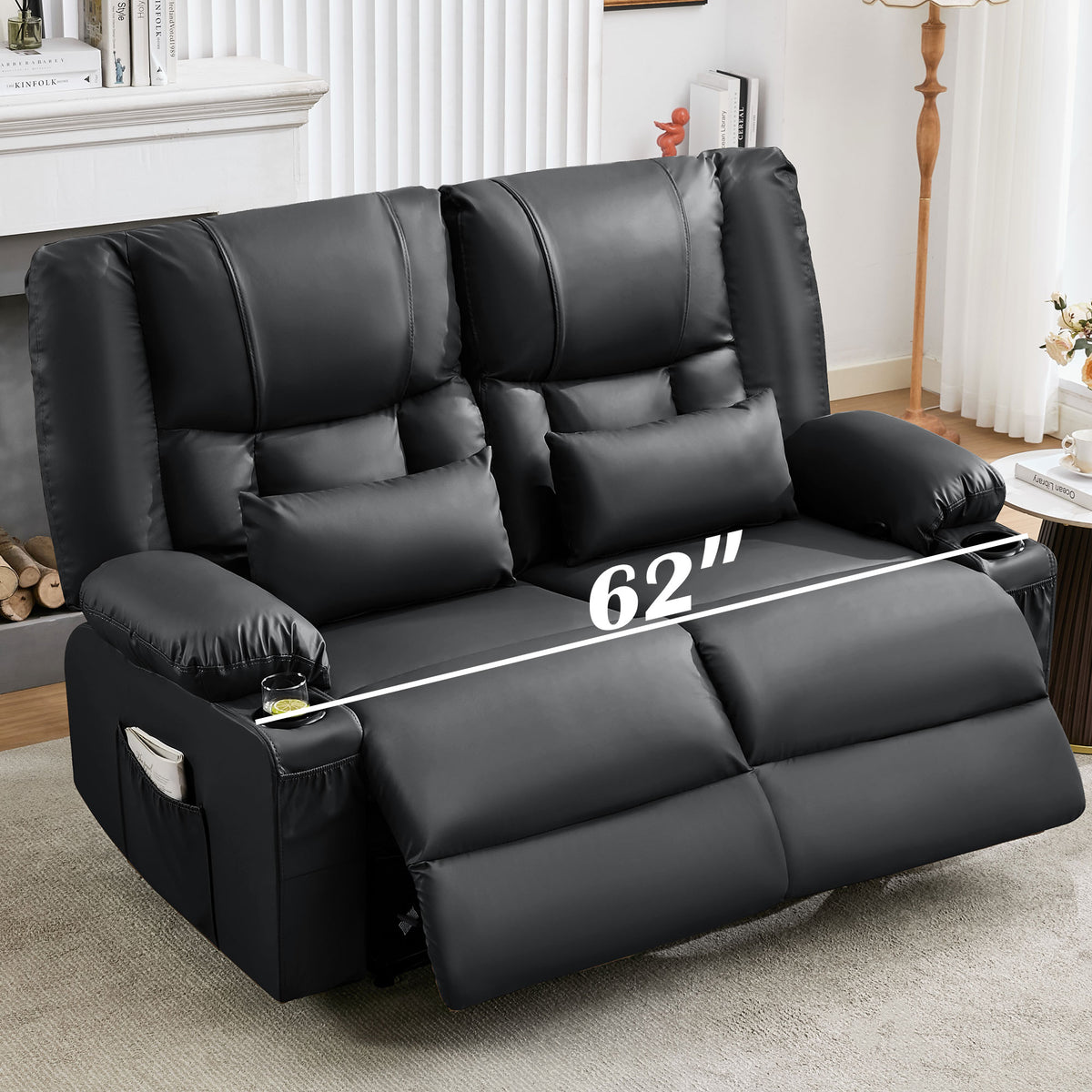 GDFStudio Lux Faux Leather Manual Reclining Loveseat with Massage and Lumbar Heating  Black