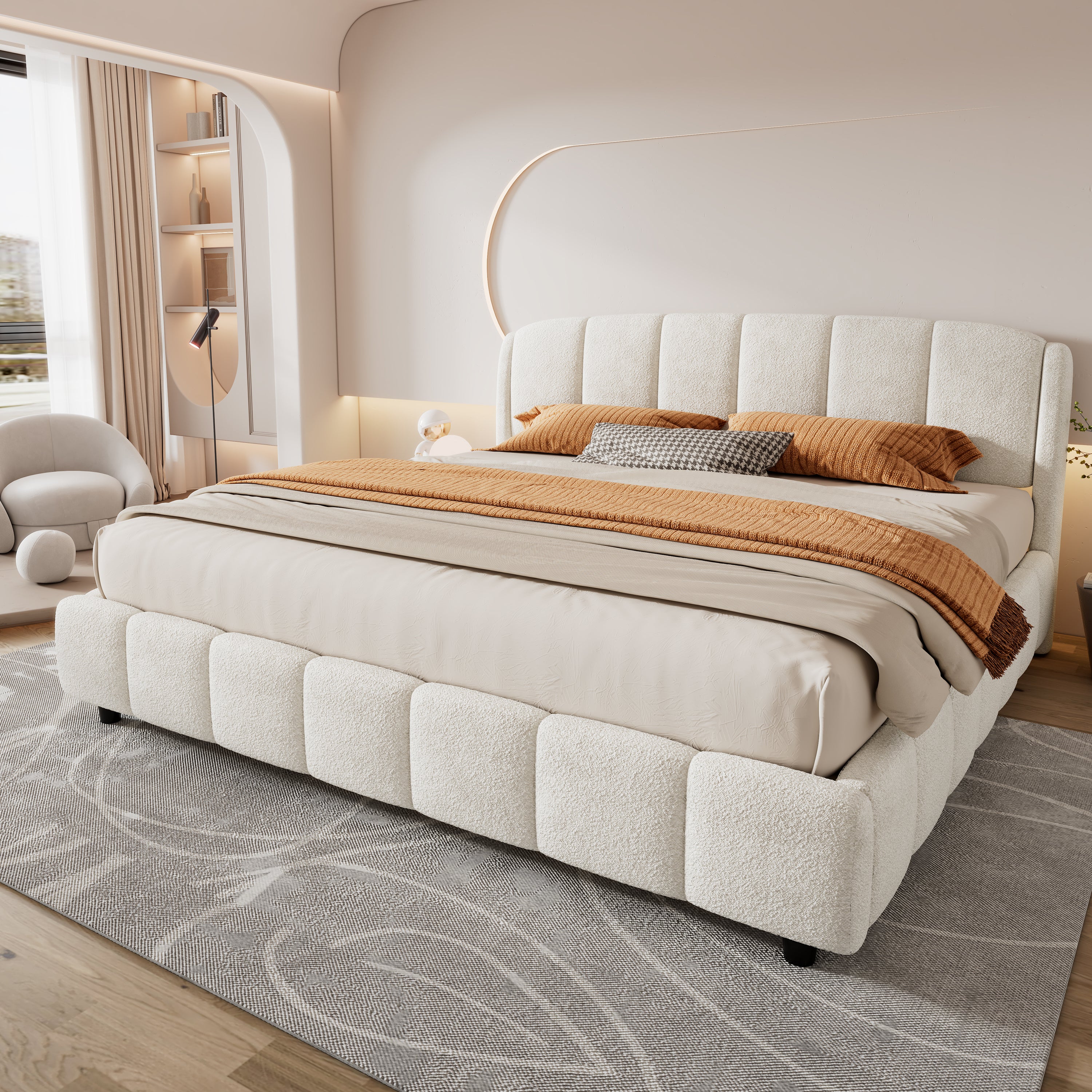 Christopher Knight Home Boucle Upholstered Platform Bed with Rounded Headboard & Sturdy Frame, King