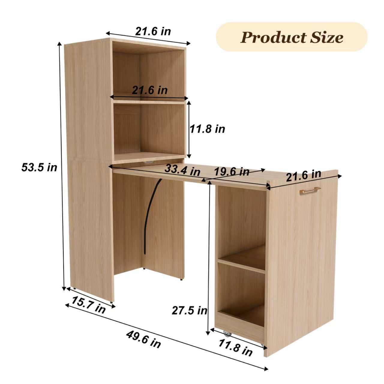 GDFStudio Lyra Modern Foldable Office Desk with Storage Shelves and Wheels?Natural Wood