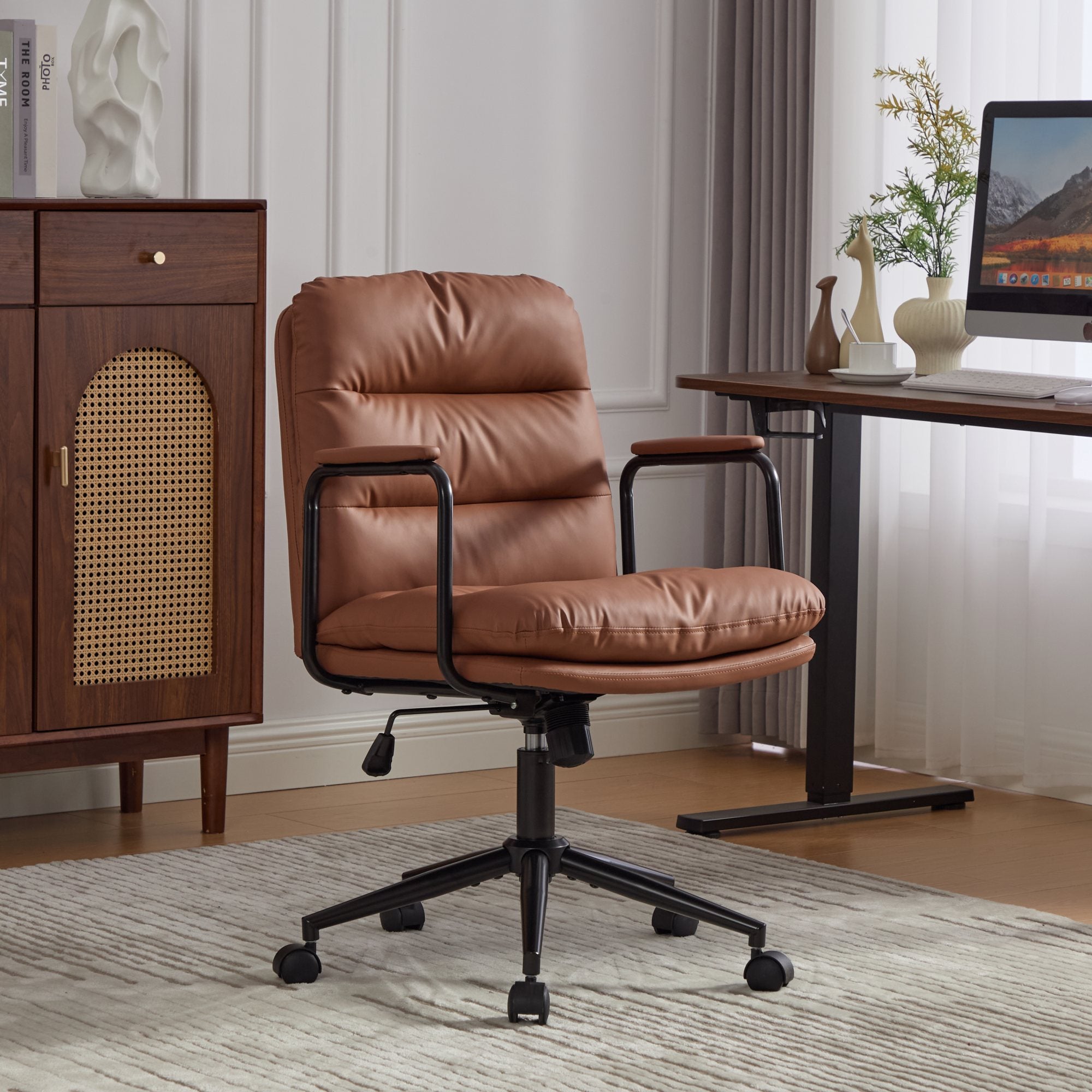 GDFStudio Nyrell Mid-Century Modern 360? Swivel Faux Leather Upholstered Office Chair with Wheels and Adjustable Height, Brown