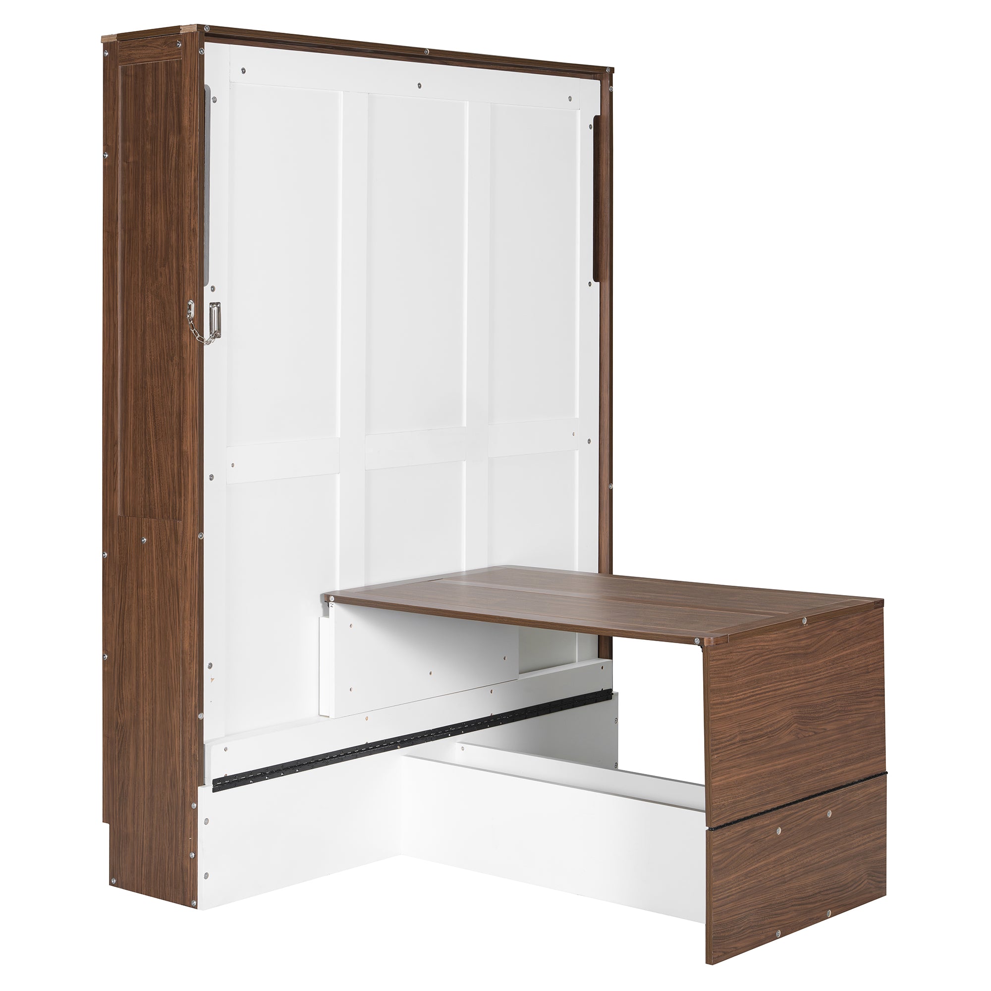 Full Size Murphy Bed with Foldable Desk, Modern Wall Bed in Walnut