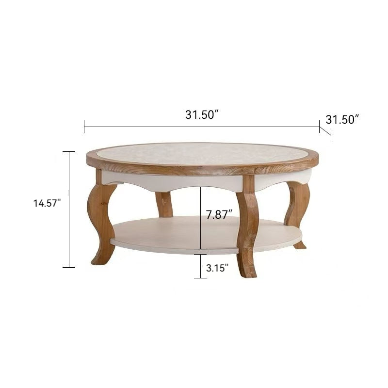 GDFStudio Juno Modern Wooden Round Coffee Table with Glass Top and Curved Legs, Natural Wood