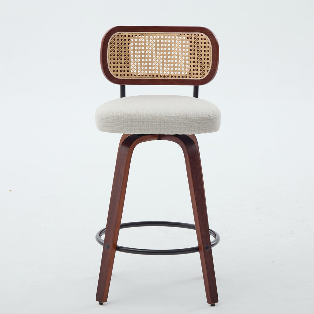 GDFStudio Sean 25.59" Faux Leather Upholstered Rattan Back Swivel Bar Stool with Footrest (Set of 2), Beige/Brown