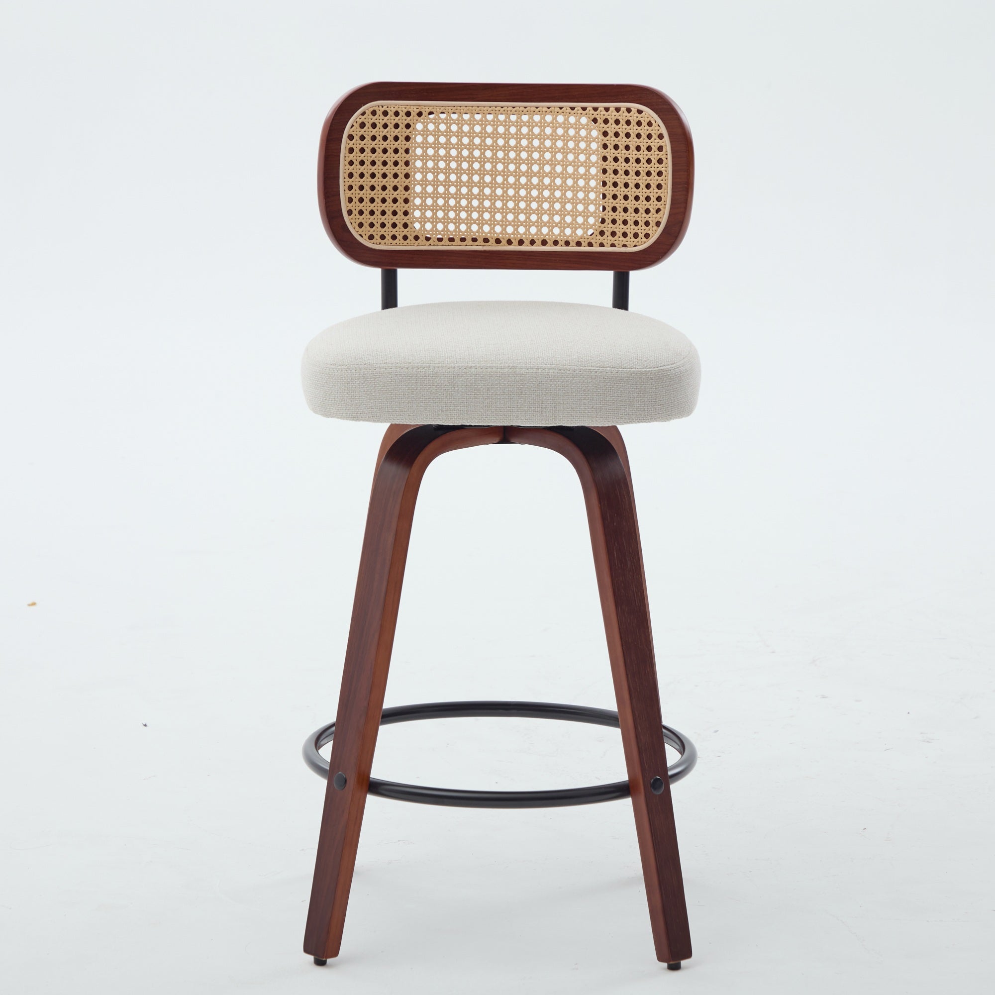 GDFStudio Sean 25.59" Faux Leather Upholstered Rattan Back Swivel Bar Stool with Footrest (Set of 2), Beige/Brown