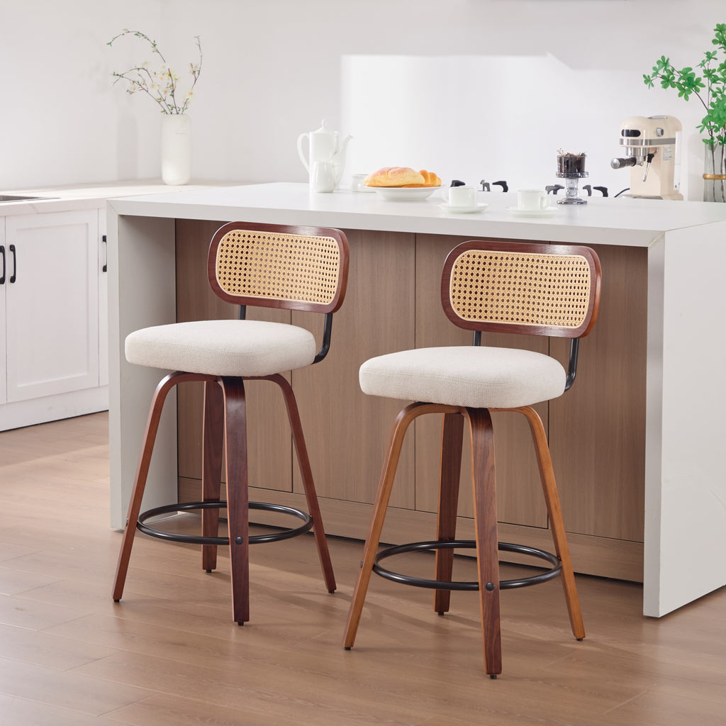 GDFStudio Sean 25.59" Faux Leather Upholstered Rattan Back Swivel Bar Stool with Footrest (Set of 2), Beige/Brown