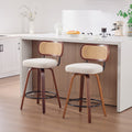 GDFStudio Sean 25.59" Faux Leather Upholstered Rattan Back Swivel Bar Stool with Footrest (Set of 2), Beige/Brown