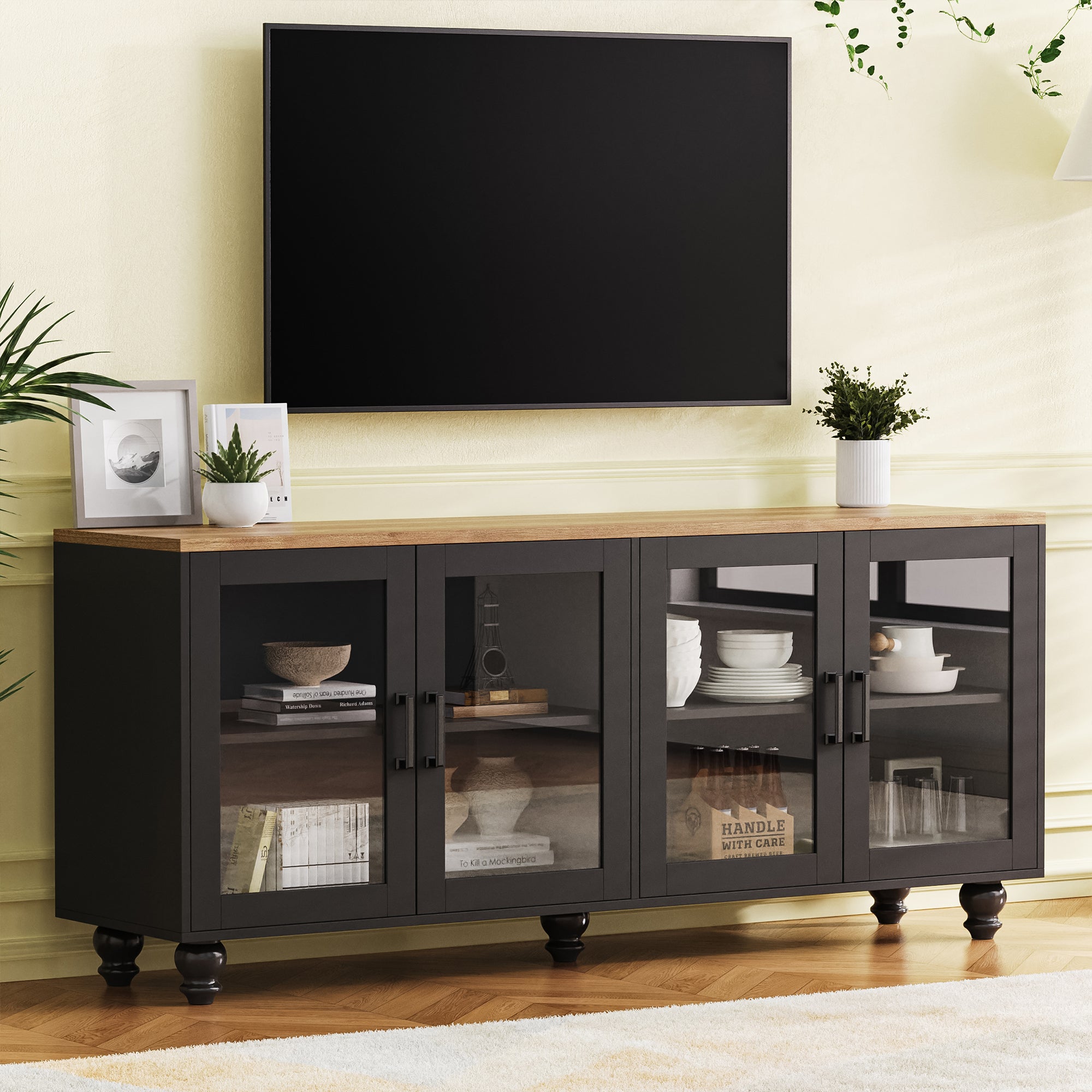 GDFStudio Wei 63" Farmhouse Wooden TV Stand with Tempered Glass Doors and Adjustable Shelves, Black