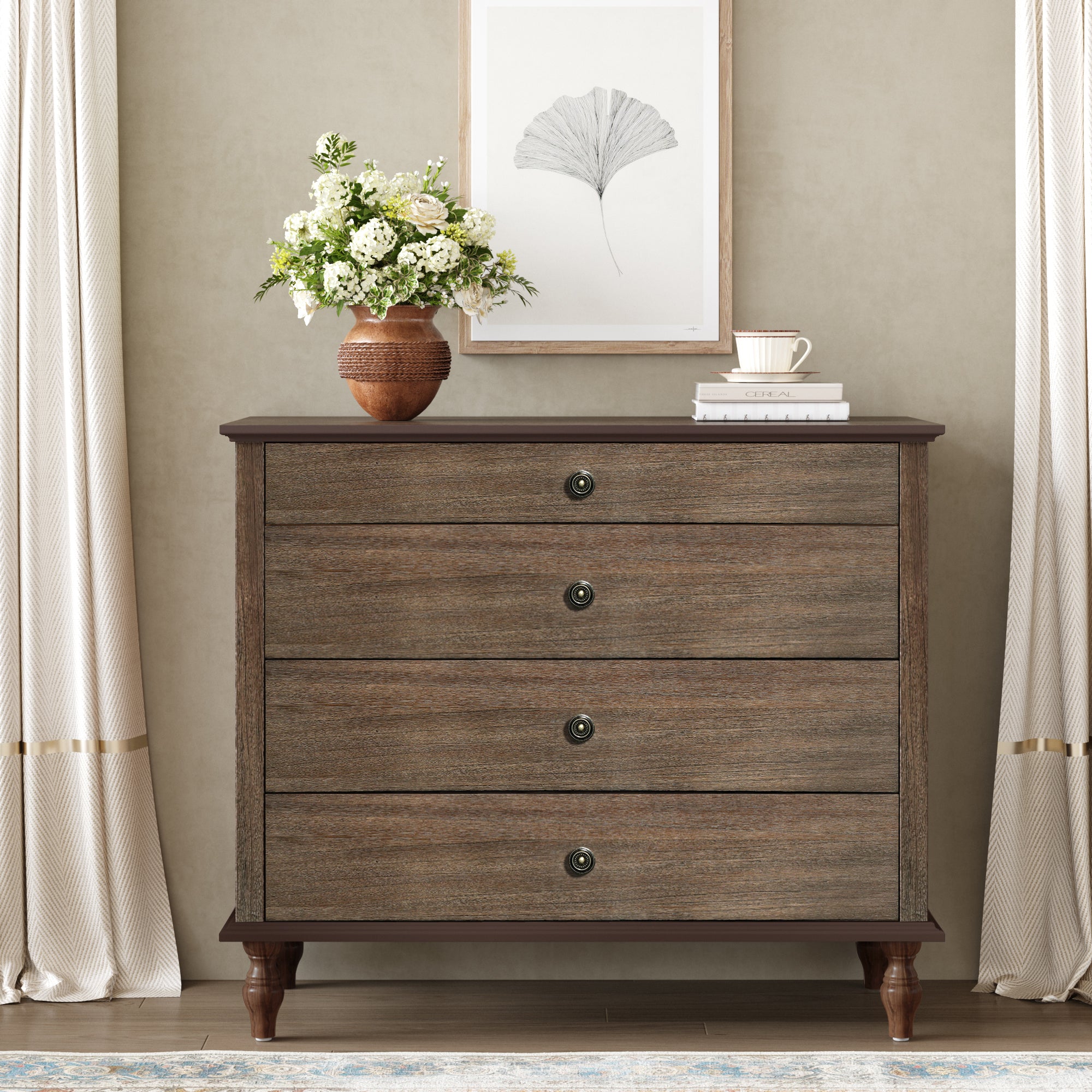GDFStudio Langston 40" Farmhouse 4-Drawer Wood Dresser, Deep Brown