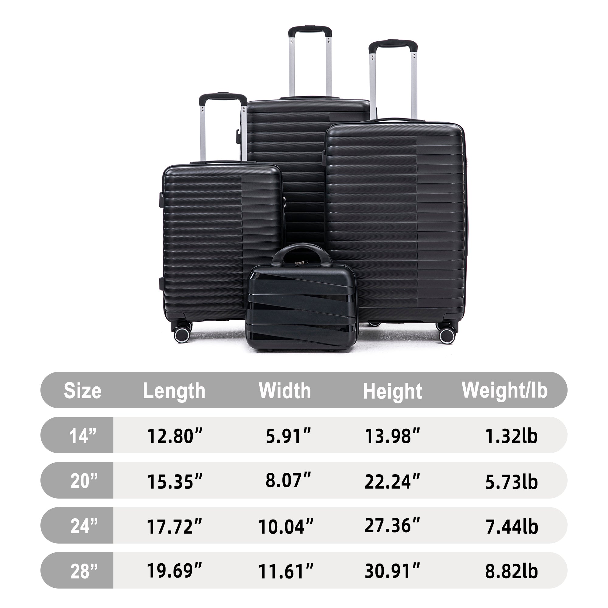 GDFStudio 4 Piece 14"/20"/24"/28" Polypropylene Wheel Luggage Set, Black