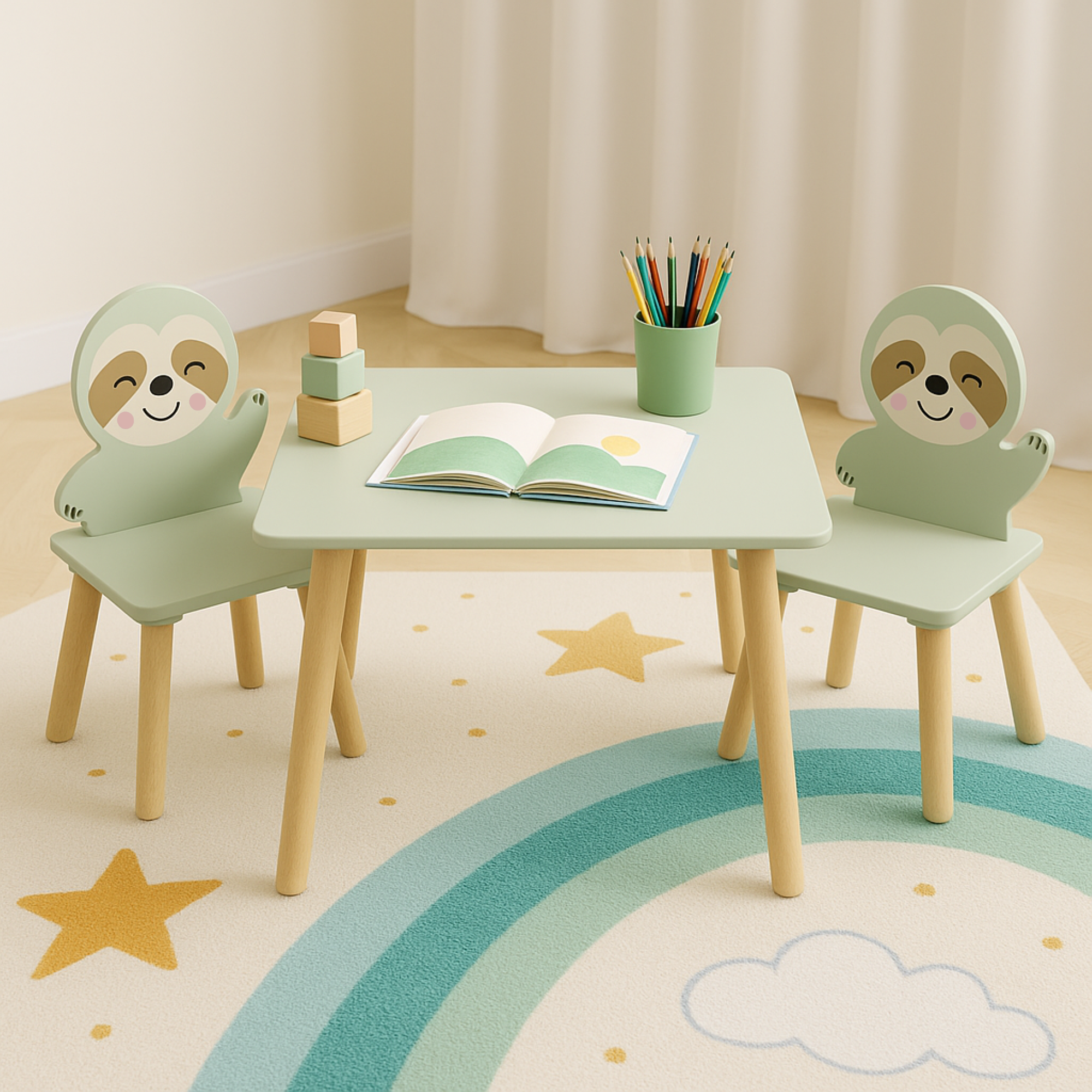 GDFStudio Willow Kids Table and Chair Set with Cute Animal Design, Sage Green