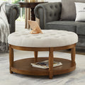 GDFStudio Damien Modern Wooden Round Linen Upholstered Tufted Ottoman with Shelf Storage, Ivory