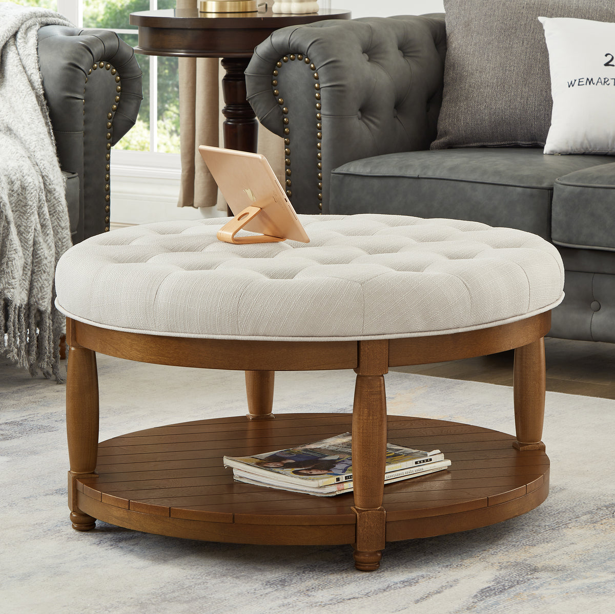GDFStudio Damien Modern Wooden Round Linen Upholstered Tufted Ottoman with Shelf Storage, Ivory