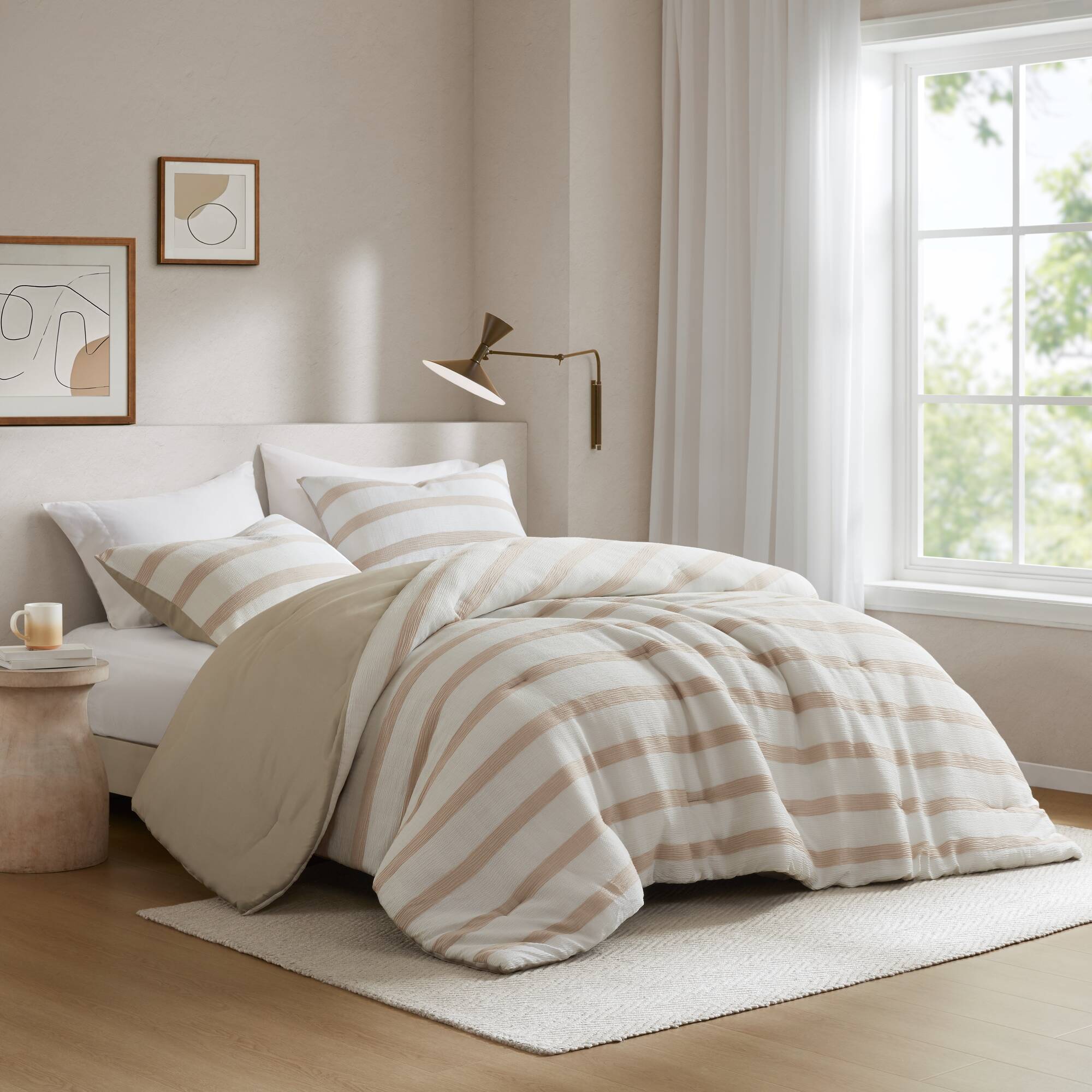 GDFStudio Uliana Modern 3-Piece Yarn-Dyed Striped Comforter Set, Taupe, King/Cal?ornia King