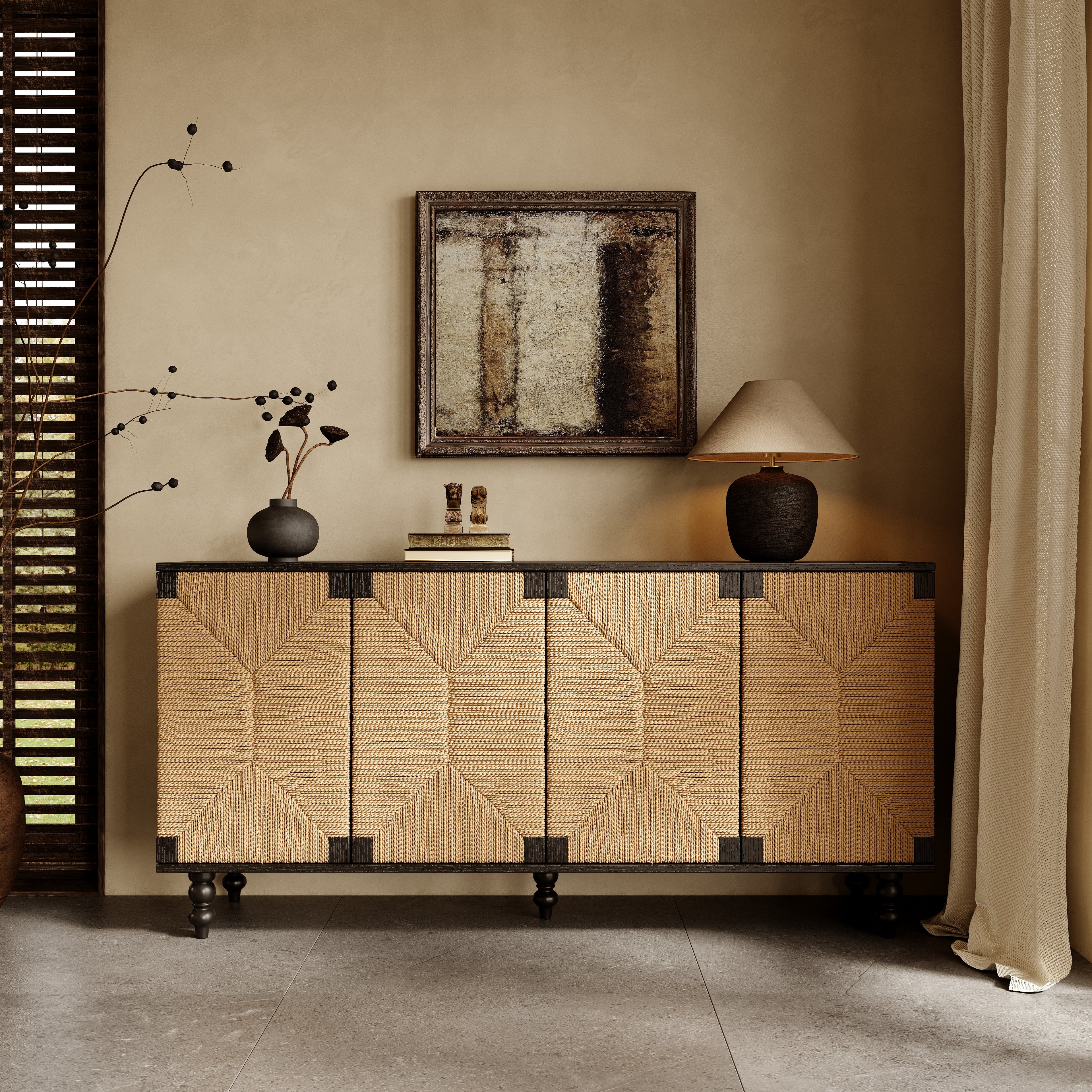 GDFStudio Carma Handwoven Seagrass 4 Doors Wood Sideboard Buffet Cabinet, Black/Natural