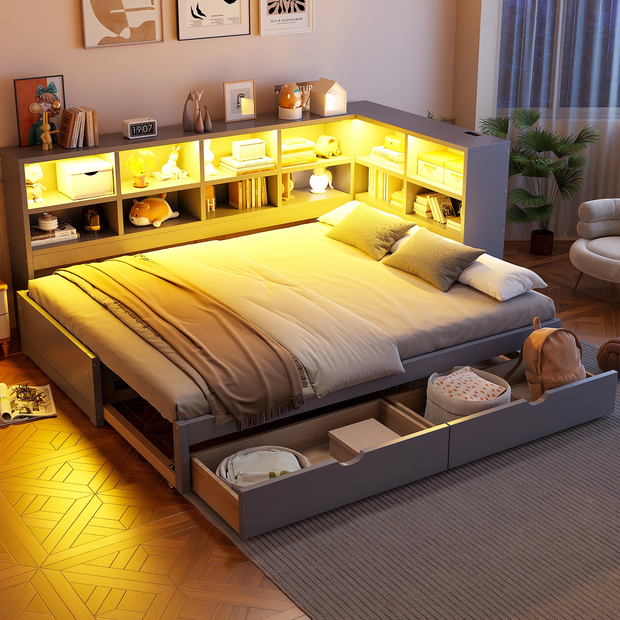 GDFStudio Reyes Daybed with Two Storage Drawers, LED Light and USB Ports, Twin XL to King Size, Gray