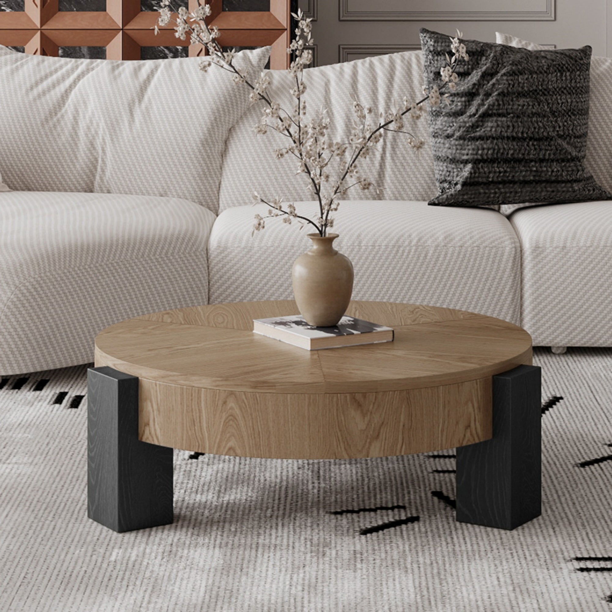 GDFStudio Maggie Mid-Century Modern 33" Round Coffee Table with Hidden Storage, Black+Natural