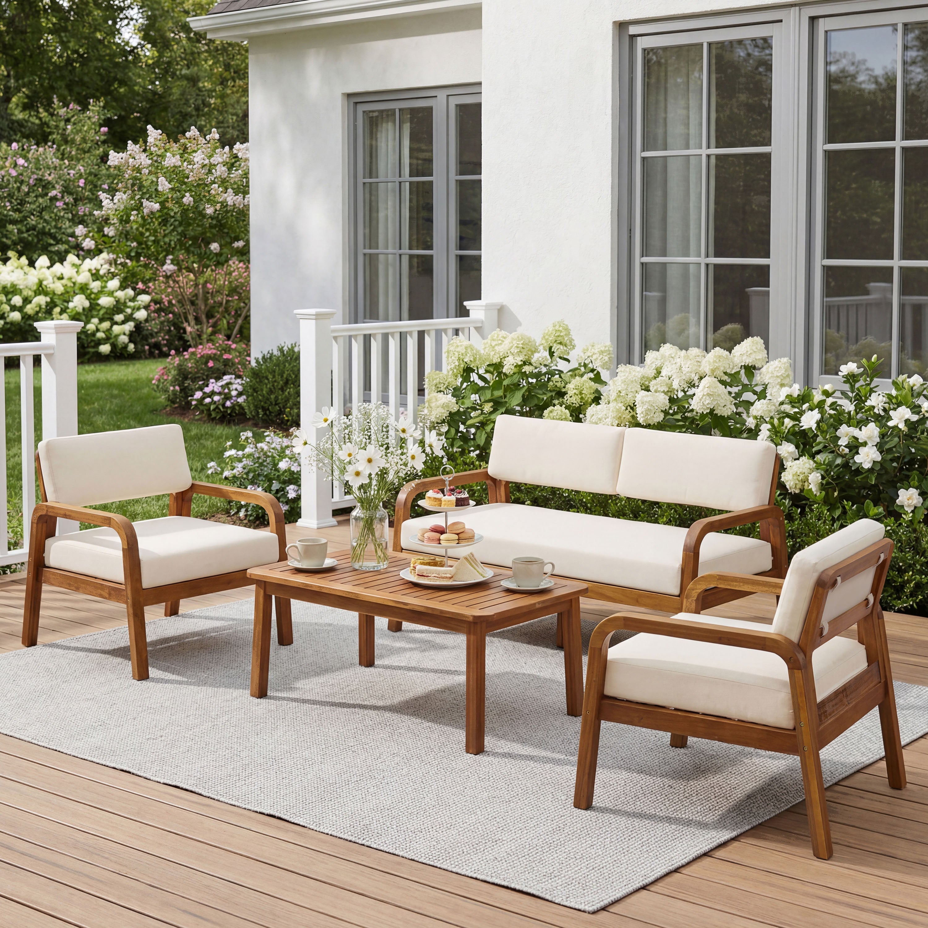 Christopher Knight Home Carter Patio Modern Acacia Wood 4-Piece Outdoor Sofa Set with Cushions, Teak/Cream