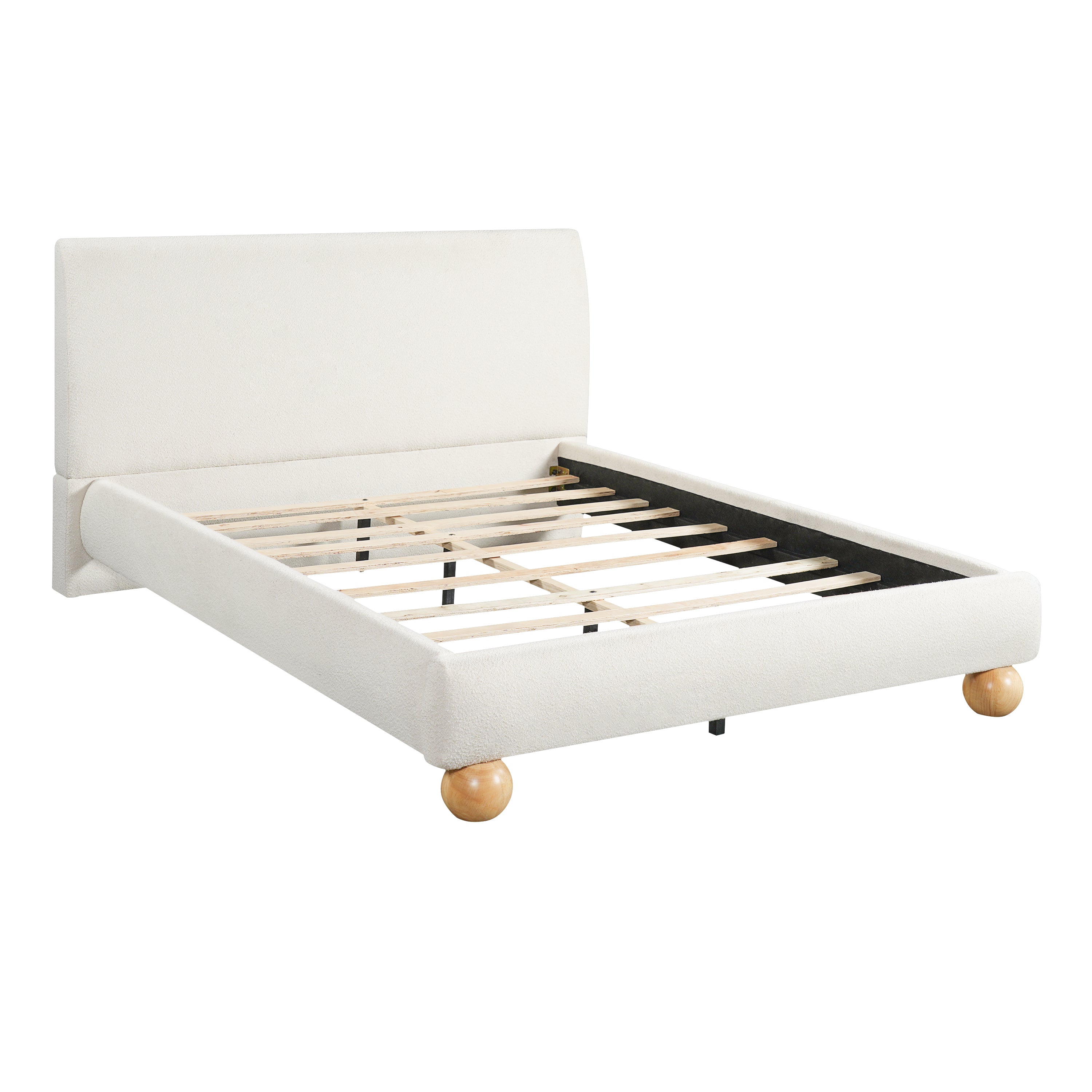 Christopher Knight Home Nisa Modern Wooden Upholstered Bed Frame with Thick Headboard and Round Legs, Off White - Boucle, Queen
