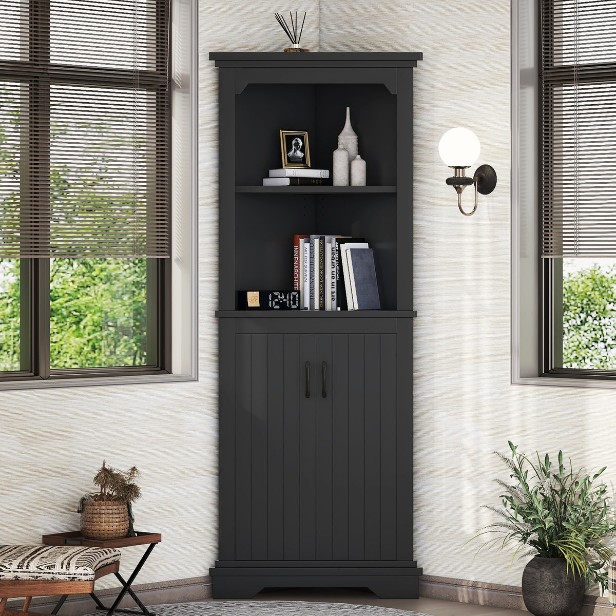 GDFStudio Aetheron Rustic Wooden Tall Corner Cabinet  Black