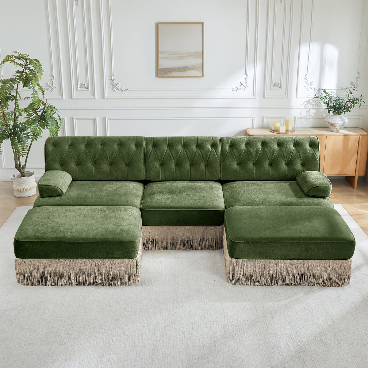GDFStudio Amaris 106'' Modern Velvet Tufted U Shaped Sectional Sofa with Tassel Skirt, Green