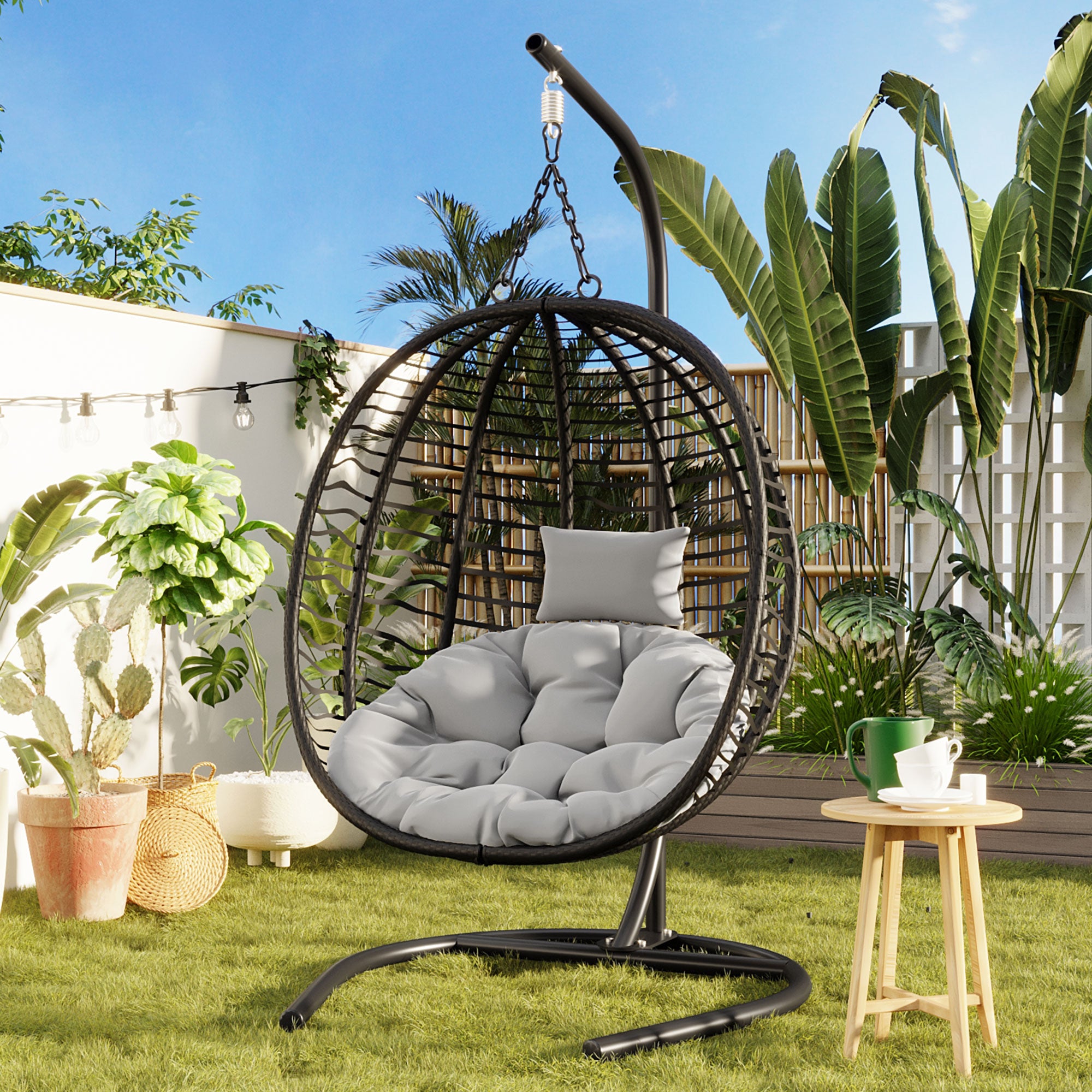 GDFStudio Taylor Wicker Hammock Swing Folding Egg Chair with Stand, Black/Gray