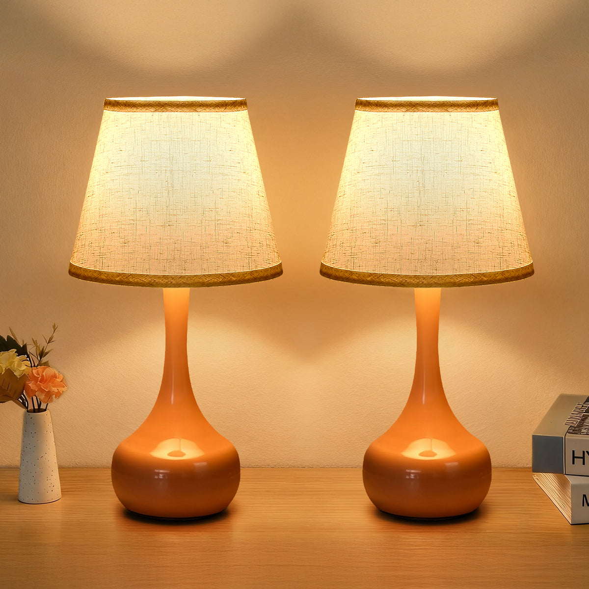 GDFStudio Willow 3-Way Dimmable Touch Table Lamp with Fabric Shade (Set of 2), Pink
