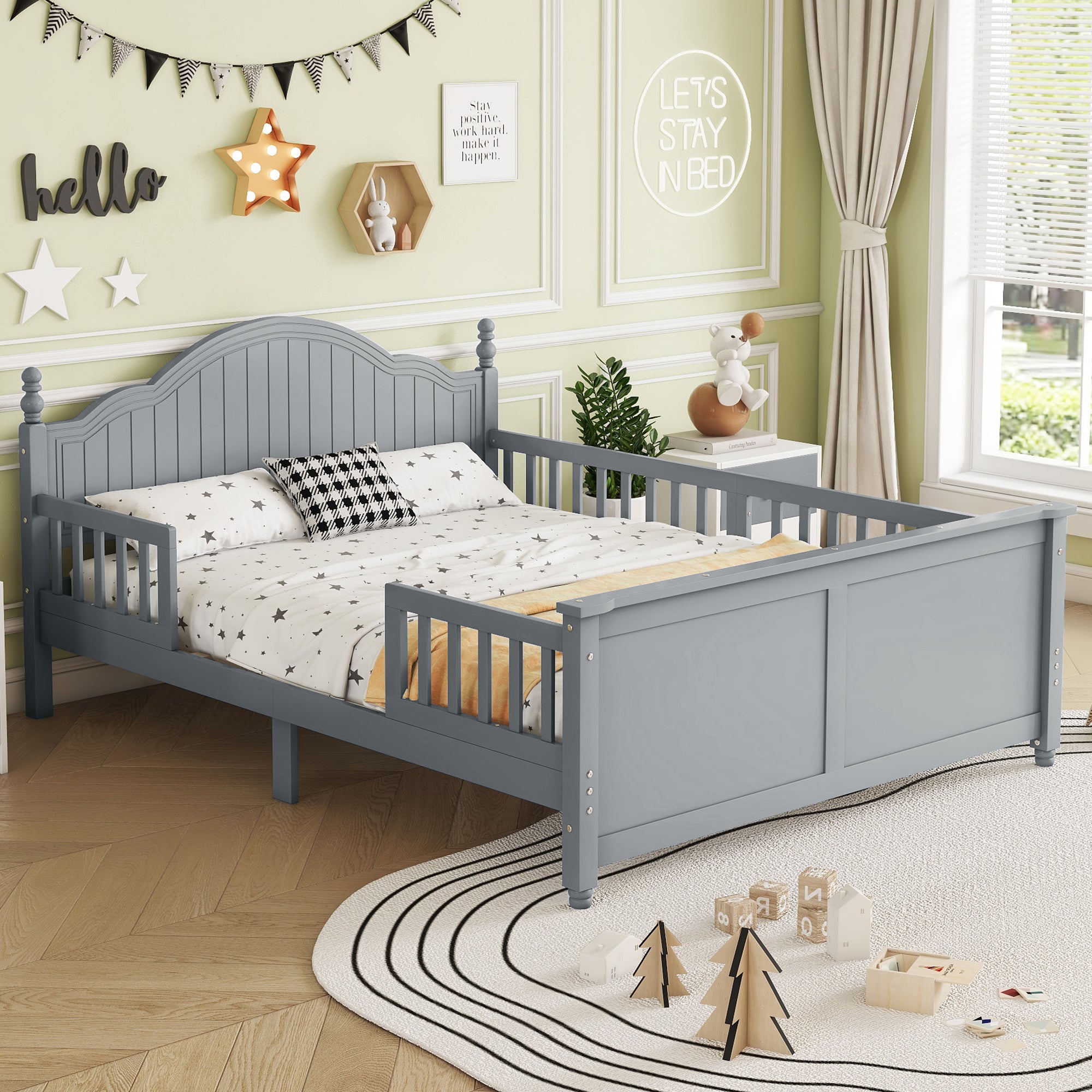 GDFStudio Howard Modern Wood Kid Platform Bed with Headboard and Footboard, Grey, Full Size