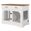 GDFStudio Carter Farmhouse Wood Dog Crate Furniture with Storage Drawers and Rotating Feeding Bowls, Brown/White