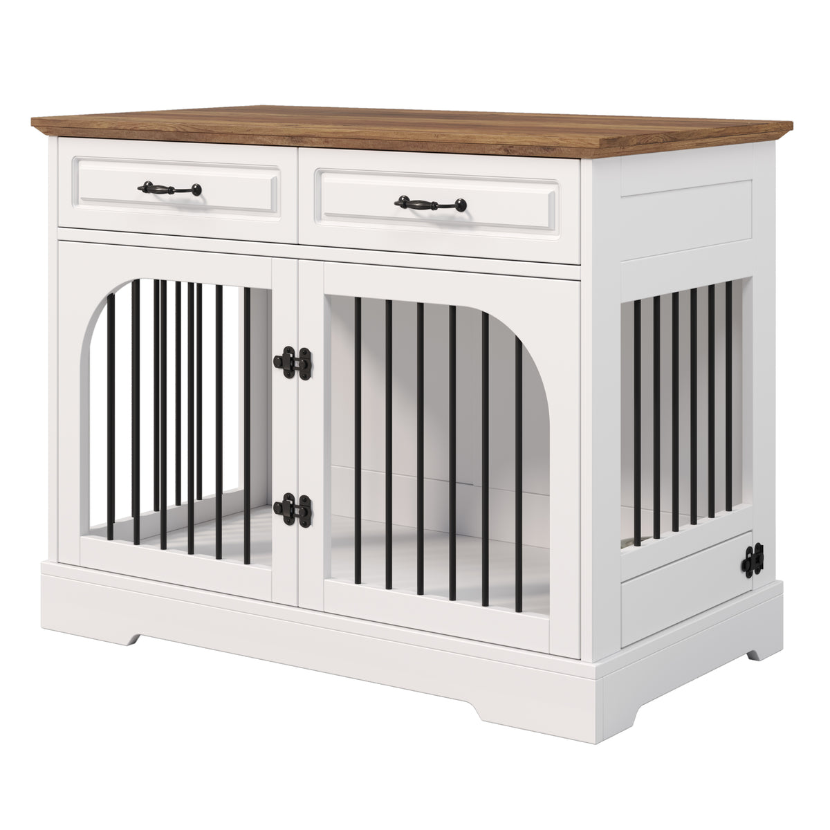 GDFStudio Carter Farmhouse Wood Dog Crate Furniture with Storage Drawers and Rotating Feeding Bowls, Brown/White