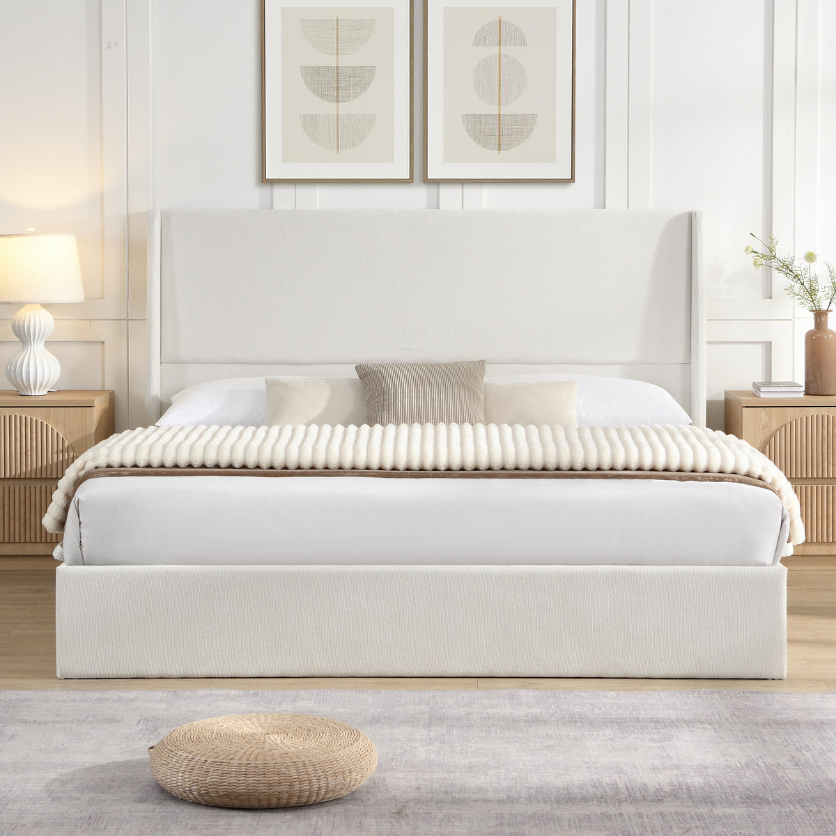 GDFStudio Yara Modern Chenille Upholstered Wingback Bed, Beige, King