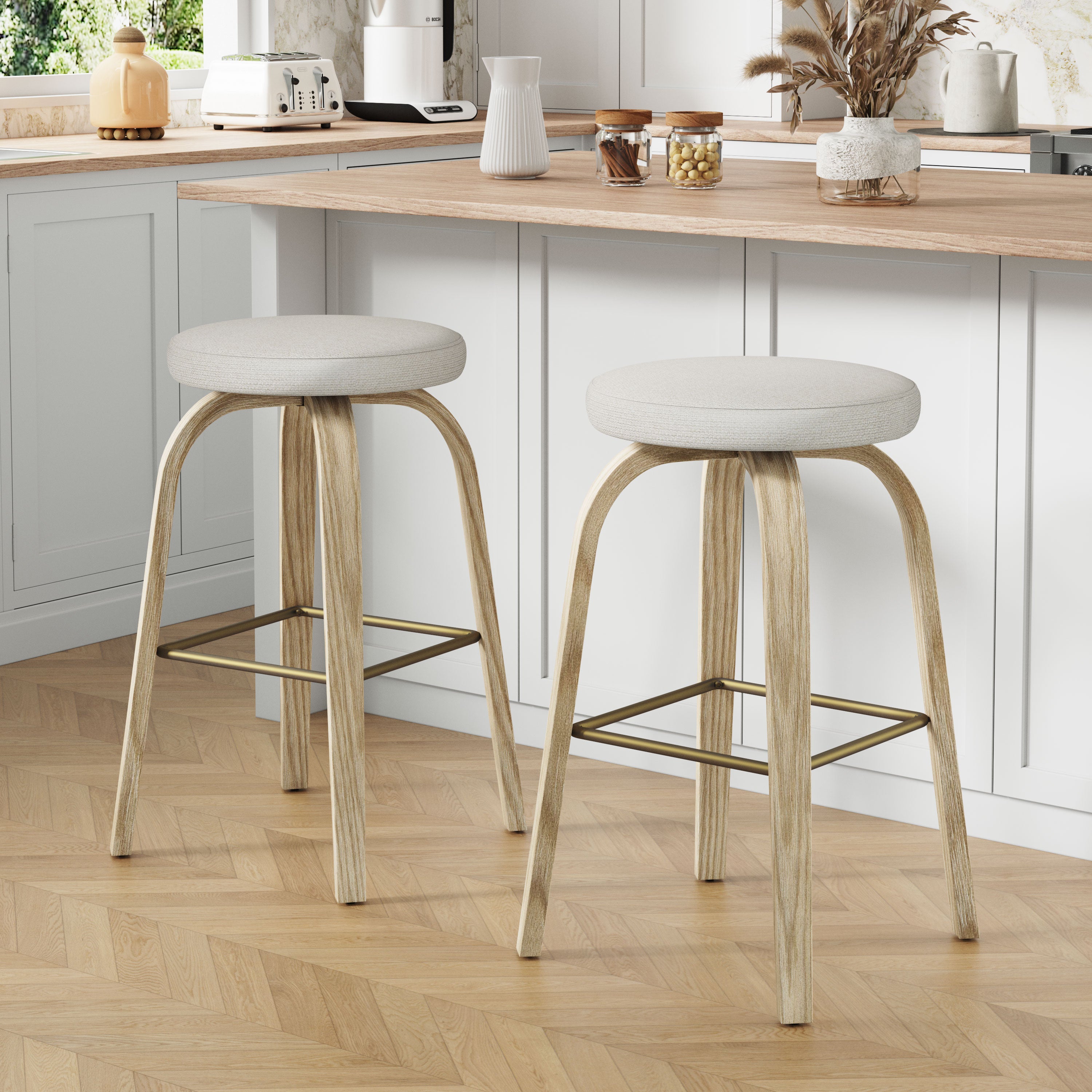 GDFStudio Trollpoe Modern Wood and Fabric Upholstered Swivel Bar Stools, Set of 2, Beige/30"
