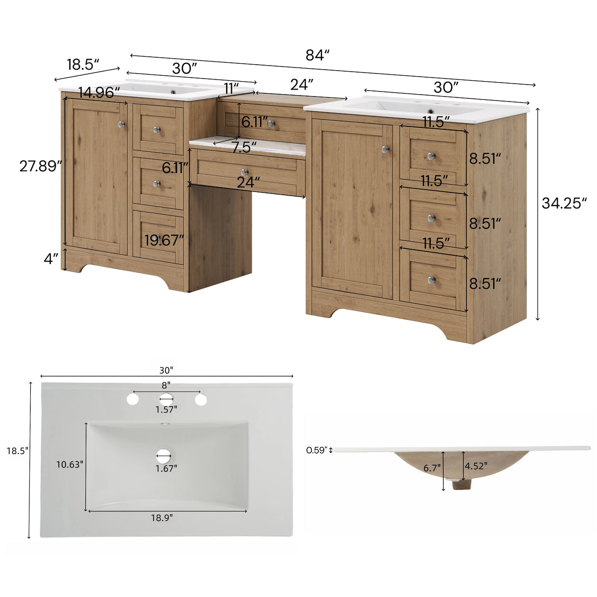 Christopher Knight Home Brady Transitional Wood 84" Double Sink Bathroom Vanity with Ceramic Sinks and 6 Drawers, Wood