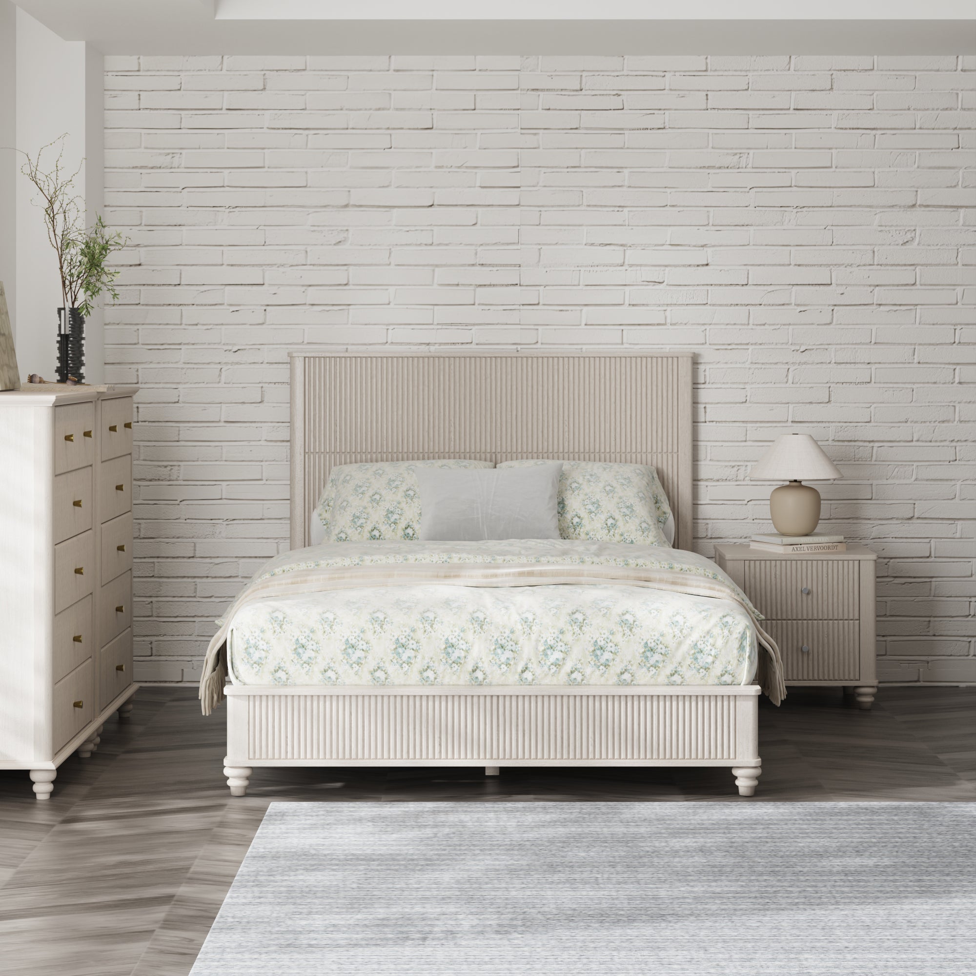 GDFStudio Doris Vertical Grain Solid Wood Bed Frame with Headboard and Spindle Wood Leg, Beige/Queen