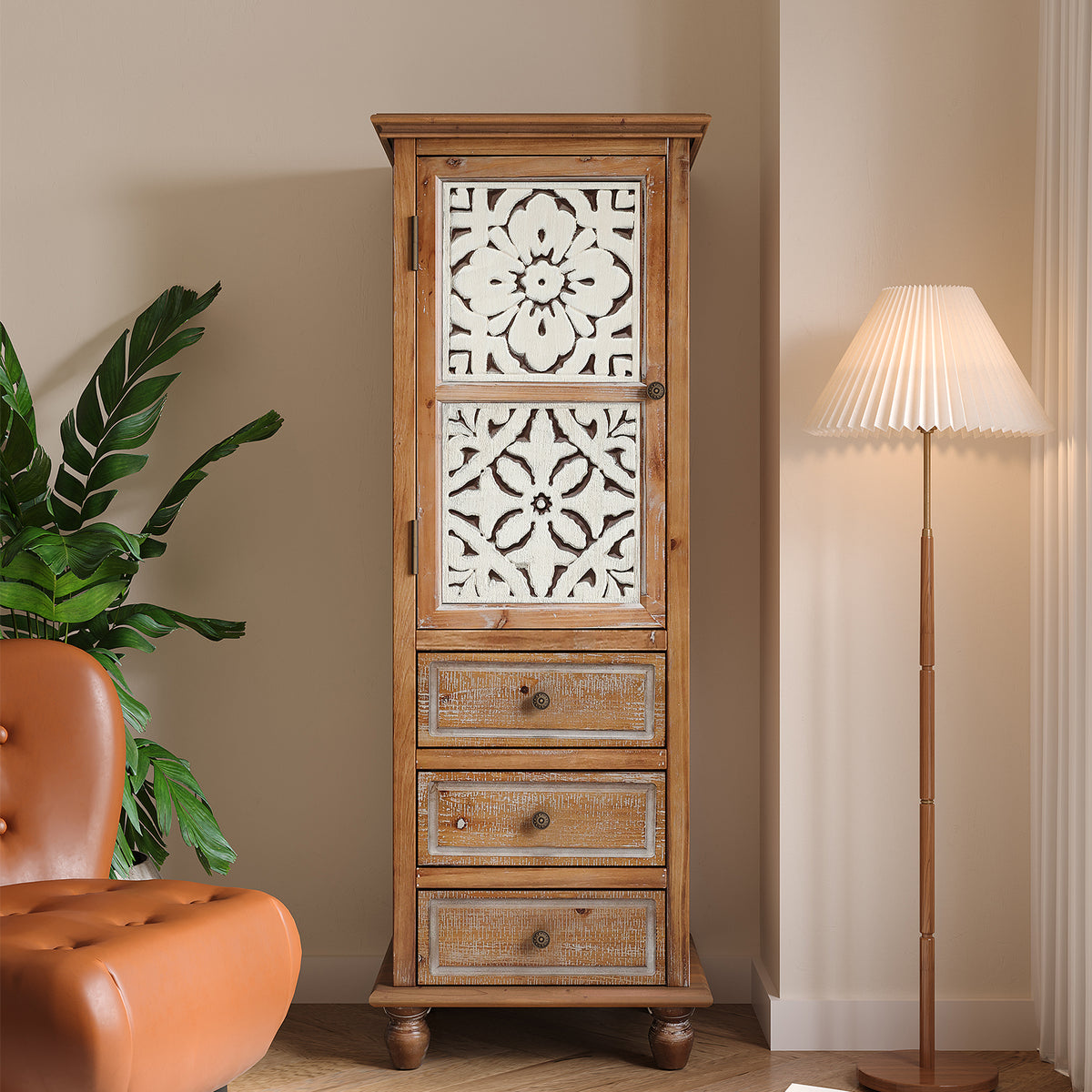 GDFStudio Brielle Rustic Tall Storage Cabinet with Floral Cutout Door and Drawers, Brown