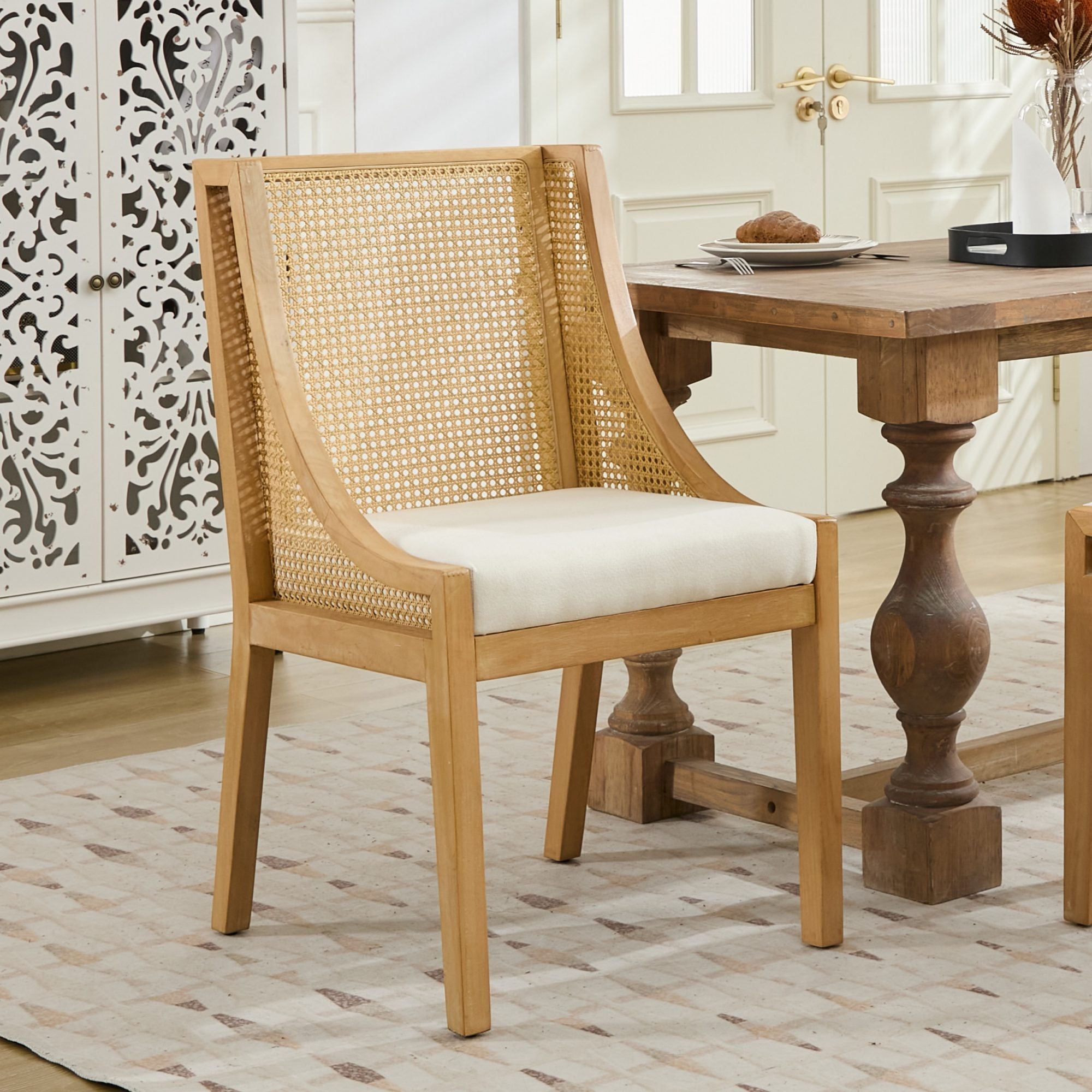 GDFStudio Brielle Single Pack Linen Upholstered Wood and Cane Dining Chair, Beige Cushion