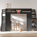 GDFStudio Collins Wooden Loft bed with Built-in Desk, Basketball hoop, Slide and Staircase, Full Size, Black