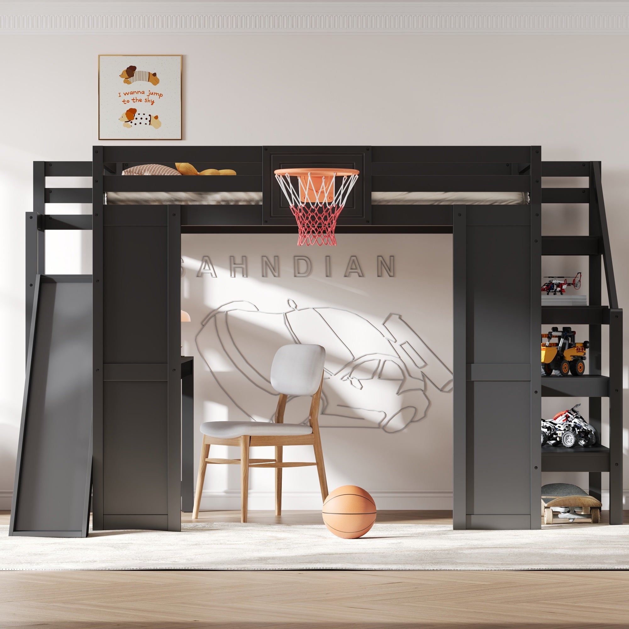 GDFStudio Collins Wooden Loft bed with Built-in Desk, Basketball hoop, Slide and Staircase, Full Size, Black