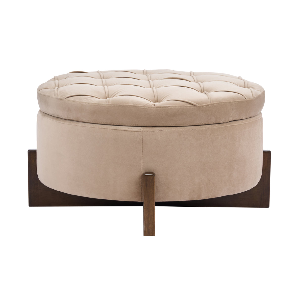 Christopher Knight Home Javier Modern Wooden Upholstered Round Storage Ottoman with Tufted Design and Reversible Lid, Camel-Velvet