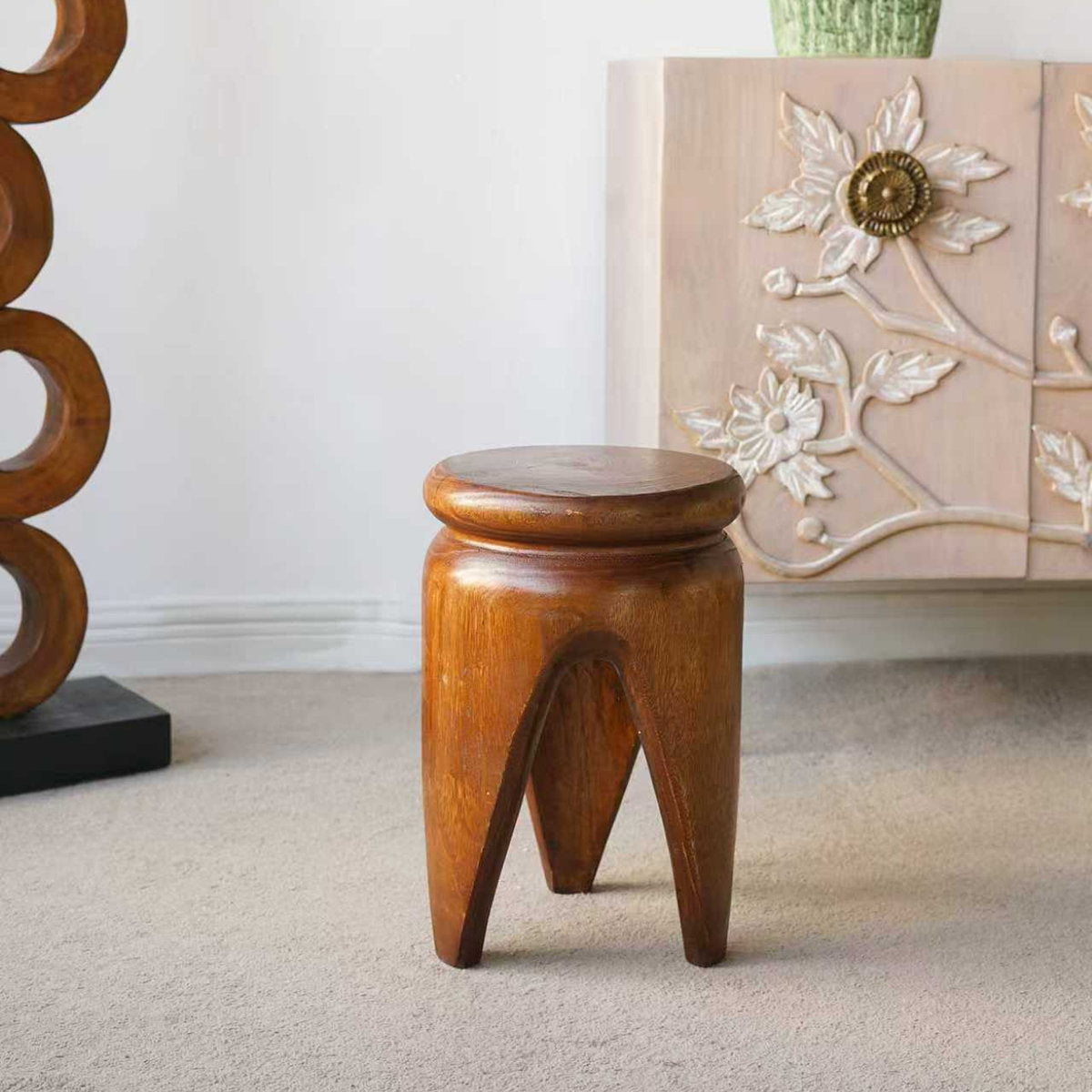 GDFStudio Arashi Carved Paulownia Wood 11  Round Accent Table, Brown