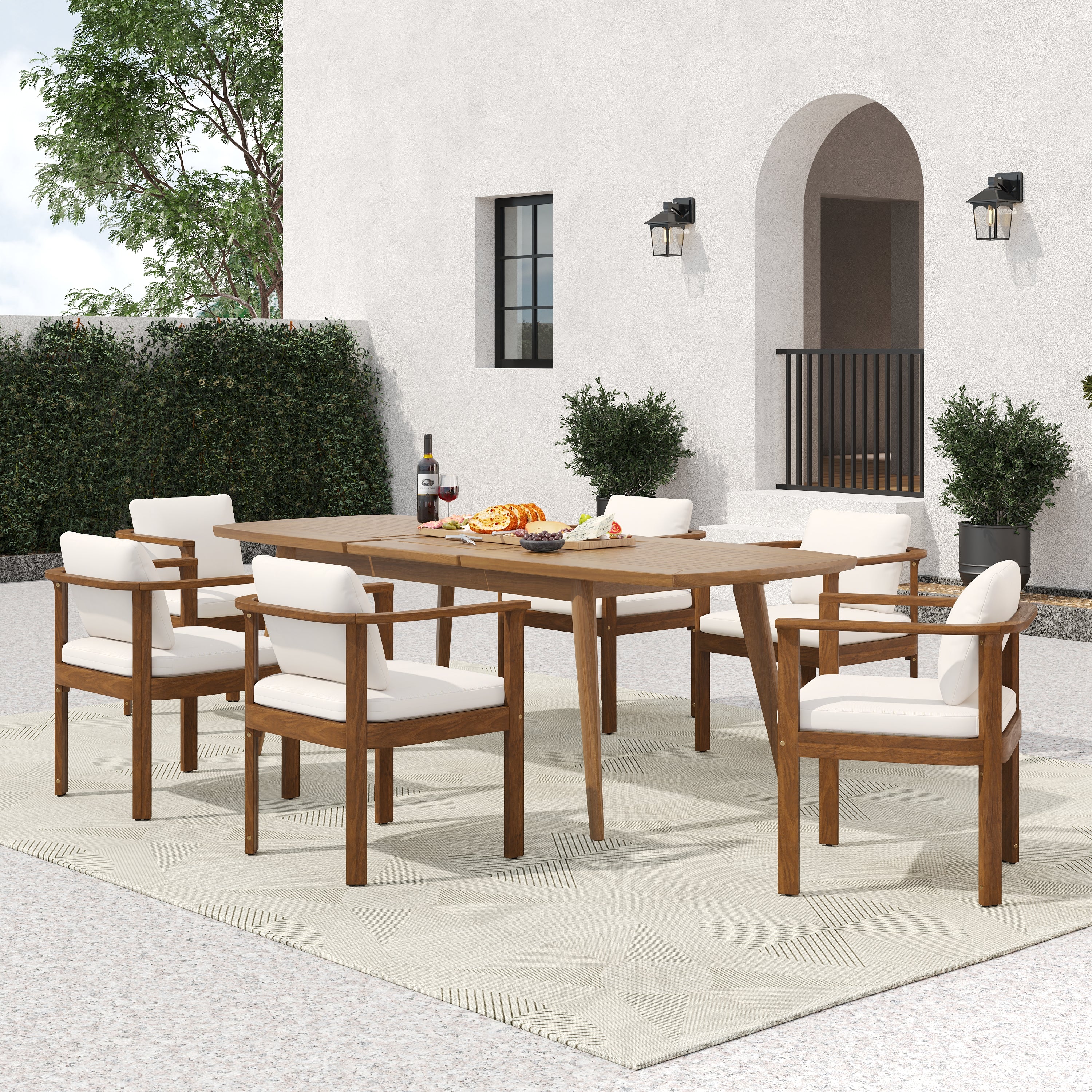 Christopher Knight Home Merlin Patio Rustic 7-Piece Acacia Wood Outdoor Expandable Dining Set with Cushioned Dining Chairs, Teak/Brown/Cream