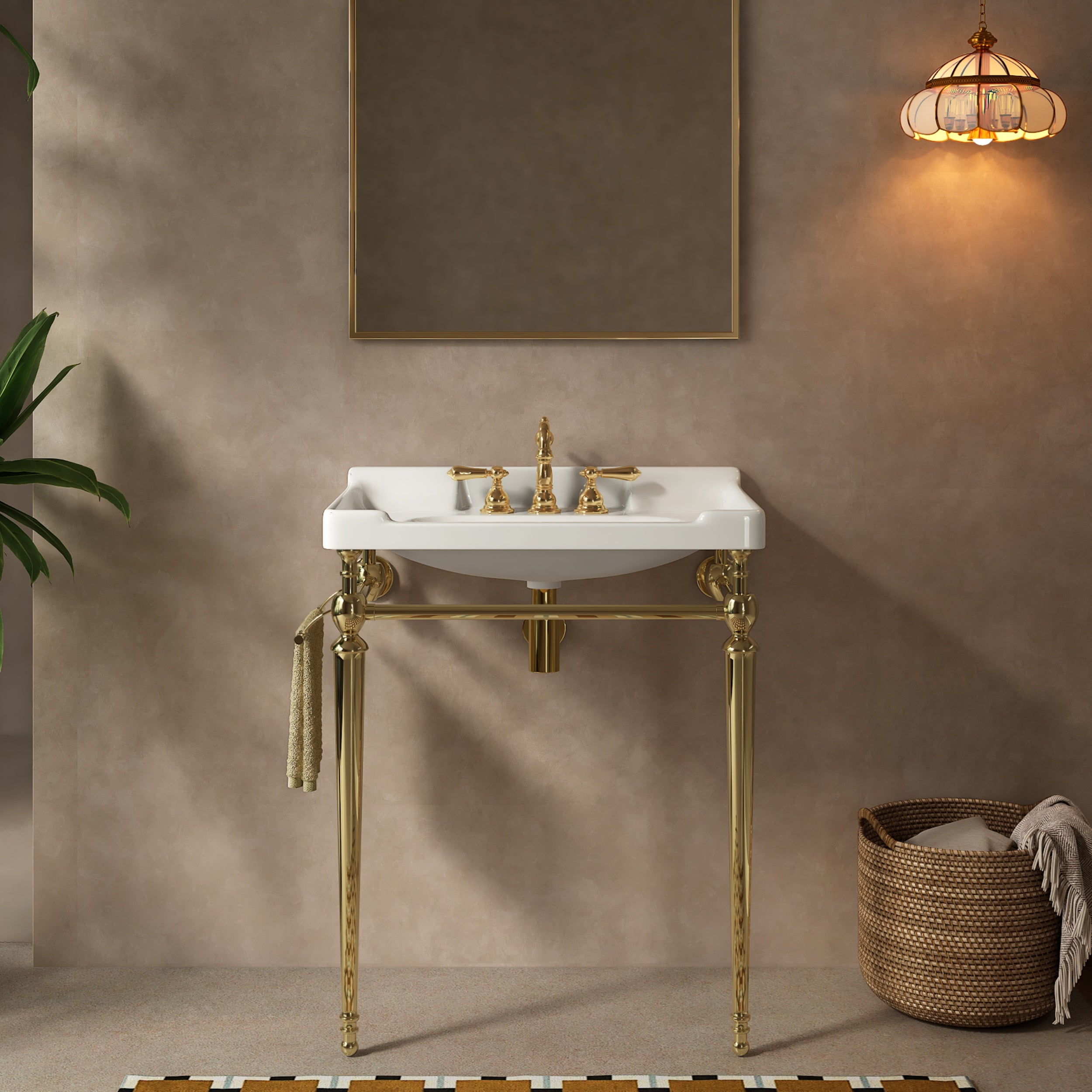 Christopher Knight Home Stella Modern Stainless Steel and Ceramic 28" Wall-Mounted Bathroom Vanity, White, Gold Legs